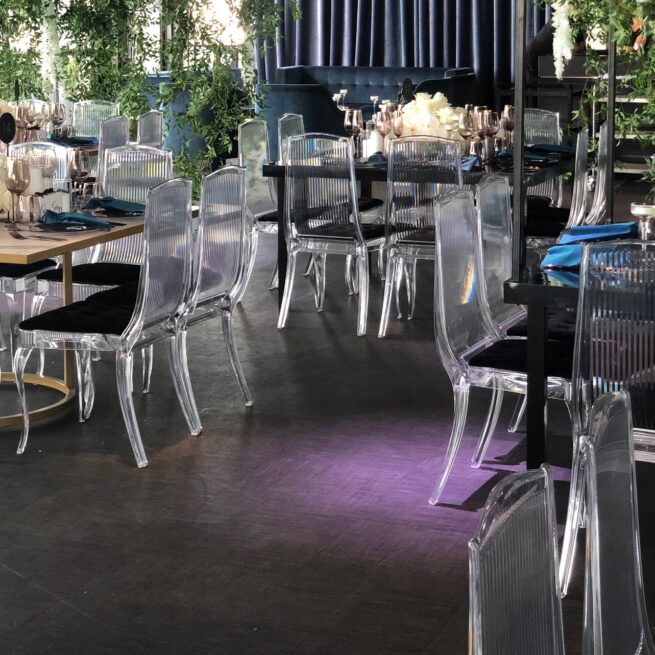 Clear King Chairs with black velvet pad